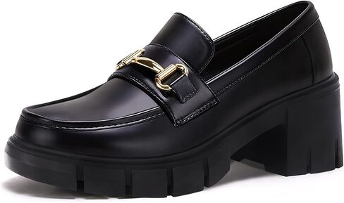 Coutgo Womens Chunky Platform Lug Sole Loafers Mid Heel Square Toe Dress Walking Work Shoes with Buckle Chain in Kuwait