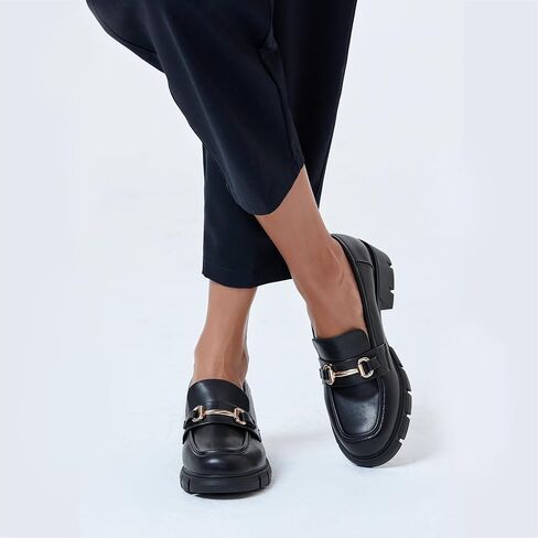 Coutgo Womens Chunky Platform Lug Sole Loafers Mid Heel Square Toe Dress Walking Work Shoes with Buckle Chain in Kuwait