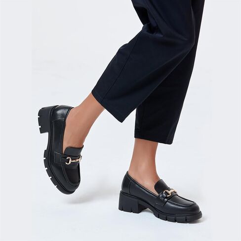 Coutgo Womens Chunky Platform Lug Sole Loafers Mid Heel Square Toe Dress Walking Work Shoes with Buckle Chain in Kuwait