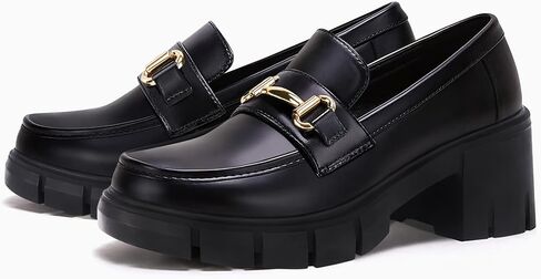 Coutgo Womens Chunky Platform Lug Sole Loafers Mid Heel Square Toe Dress Walking Work Shoes with Buckle Chain in Kuwait