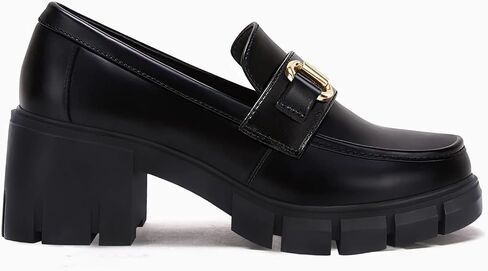 Coutgo Womens Chunky Platform Lug Sole Loafers Mid Heel Square Toe Dress Walking Work Shoes with Buckle Chain in Kuwait