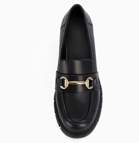 Coutgo Womens Chunky Platform Lug Sole Loafers Mid Heel Square Toe Dress Walking Work Shoes with Buckle Chain in Kuwait