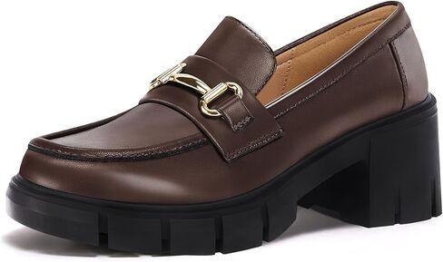 Coutgo Womens Chunky Platform Lug Sole Loafers Mid Heel Square Toe Dress Walking Work Shoes with Buckle Chain in Kuwait