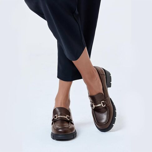 Coutgo Womens Chunky Platform Lug Sole Loafers Mid Heel Square Toe Dress Walking Work Shoes with Buckle Chain in Kuwait