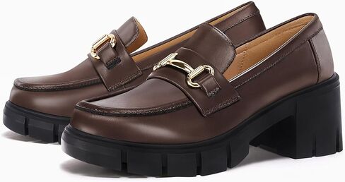 Coutgo Womens Chunky Platform Lug Sole Loafers Mid Heel Square Toe Dress Walking Work Shoes with Buckle Chain in Kuwait