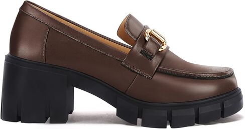 Coutgo Womens Chunky Platform Lug Sole Loafers Mid Heel Square Toe Dress Walking Work Shoes with Buckle Chain in Kuwait