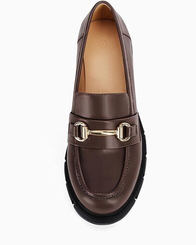 Coutgo Womens Chunky Platform Lug Sole Loafers Mid Heel Square Toe Dress Walking Work Shoes with Buckle Chain in Kuwait