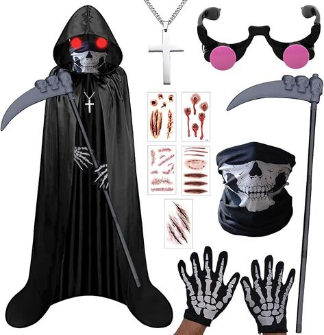 Yi-gog Halloween Vampire Cloak Reversible Hooded Vampire Cape Adult Cosplay Scythe Skeleton Gloves Mask Stickers Party Role Play in Kuwait