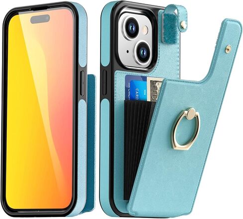 حافظة بطاقات AICase متوافقة مع هاتف iPhone 15، متوافقة مع محفظة هاتف iPhone 15، غطاء حماية جلدي للنساء مع مسند حلقي و8 فتحات لبطاقات الائتمان، أسود in Kuwait