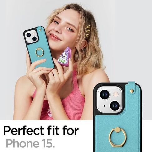 حافظة بطاقات AICase متوافقة مع هاتف iPhone 15، متوافقة مع محفظة هاتف iPhone 15، غطاء حماية جلدي للنساء مع مسند حلقي و8 فتحات لبطاقات الائتمان، أسود in Kuwait