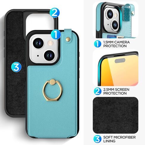 حافظة بطاقات AICase متوافقة مع هاتف iPhone 15، متوافقة مع محفظة هاتف iPhone 15، غطاء حماية جلدي للنساء مع مسند حلقي و8 فتحات لبطاقات الائتمان، أسود in Kuwait
