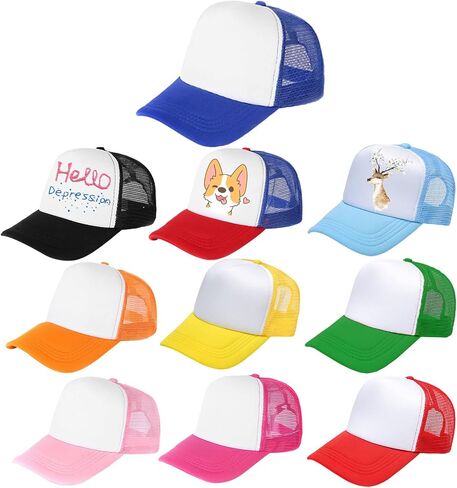 Outink 10 Pack Kids Trucker Hats Boys Girls Colorful Baseball Hats Adjustable Sublimation Blank Mesh Plain Baseball Caps in Kuwait