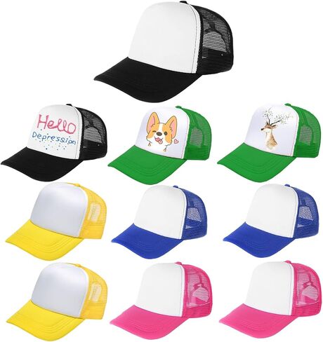 Outink 10 Pack Kids Trucker Hats Boys Girls Colorful Baseball Hats Adjustable Sublimation Blank Mesh Plain Baseball Caps in Kuwait