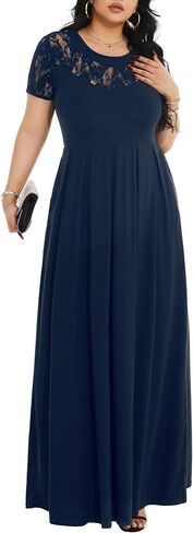 فستان Cuptacc نسائي صيفي كاجوال طويل من الدانتيل بأكمام قصيرة وخصر إمبراطوري طويل مع جيوب in Kuwait