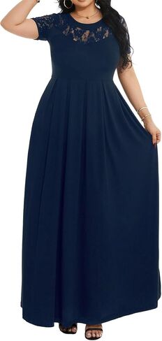 فستان Cuptacc نسائي صيفي كاجوال طويل من الدانتيل بأكمام قصيرة وخصر إمبراطوري طويل مع جيوب in Kuwait