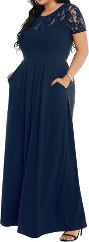 فستان Cuptacc نسائي صيفي كاجوال طويل من الدانتيل بأكمام قصيرة وخصر إمبراطوري طويل مع جيوب in Kuwait