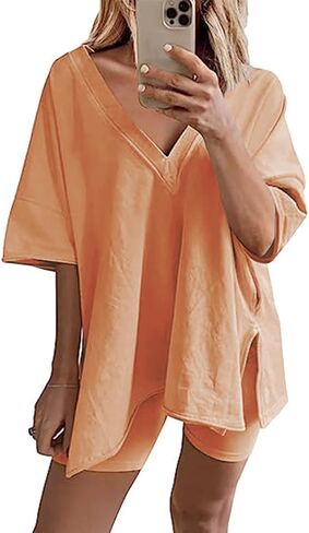 Bufushaoh Women's Oversized 2 Piece Outfits V Neck T-Shirts Biker Shorts Tracksuit Hot Shot Reversible Sets in Kuwait