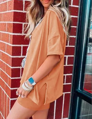 Bufushaoh Women's Oversized 2 Piece Outfits V Neck T-Shirts Biker Shorts Tracksuit Hot Shot Reversible Sets in Kuwait