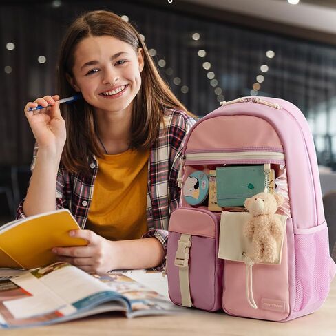 حقائب ظهر مدرسية للفتيات من mommore، حقيبة ظهر مدرسية خفيفة الوزن للأطفال من Kawaii حقيبة كتب مدرسية خفيفة الوزن للفتيات المراهقات حقيبة نهارية للسفر، باللون الوردي in Kuwait