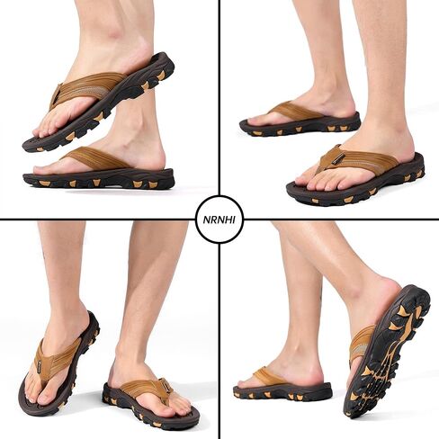 شبشب NRNHI Beach Flip Flops للرجال يدعم قوس القدم، صنادل جلدية كاجوال صيفية مقاومة للانزلاق للمشي لمسافات طويلة in Kuwait