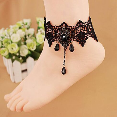 Ewanda store Romantic Retro Vintage Gothic Sexy Clear Rhinestone Anklet Foot Sandal Beach Wedding Jewelry Lace Ankle Bracelet Women Anklets Chain in Saudi Arabia