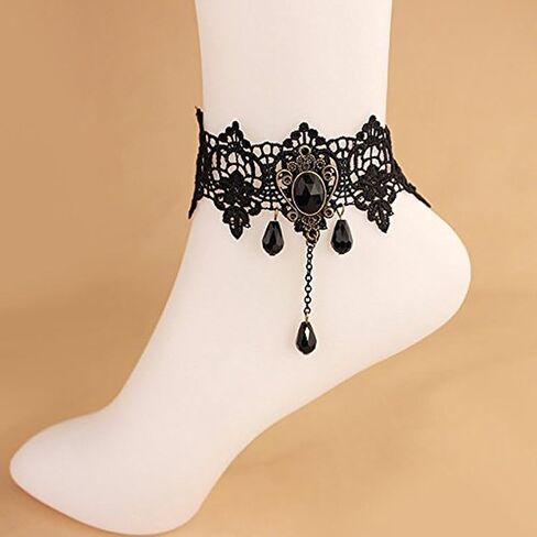 Ewanda store Romantic Retro Vintage Gothic Sexy Clear Rhinestone Anklet Foot Sandal Beach Wedding Jewelry Lace Ankle Bracelet Women Anklets Chain in Saudi Arabia