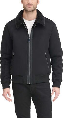 DKNY Men's Shearling Bomber Jacket with Faux Fur Collar in Kuwait