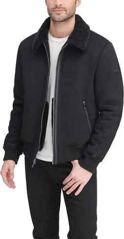 DKNY Men's Shearling Bomber Jacket with Faux Fur Collar in Kuwait