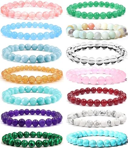 FINZOR 14Pcs 8MM Healing Stone Beaded Bracelets for Women Men Semi-Precious Gemstones Bracelets Crystal Beaded Bracelet Unisex Adjustable Stretch Bracelets in Kuwait