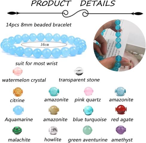 FINZOR 14Pcs 8MM Healing Stone Beaded Bracelets for Women Men Semi-Precious Gemstones Bracelets Crystal Beaded Bracelet Unisex Adjustable Stretch Bracelets in Kuwait