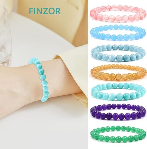 FINZOR 14Pcs 8MM Healing Stone Beaded Bracelets for Women Men Semi-Precious Gemstones Bracelets Crystal Beaded Bracelet Unisex Adjustable Stretch Bracelets in Kuwait
