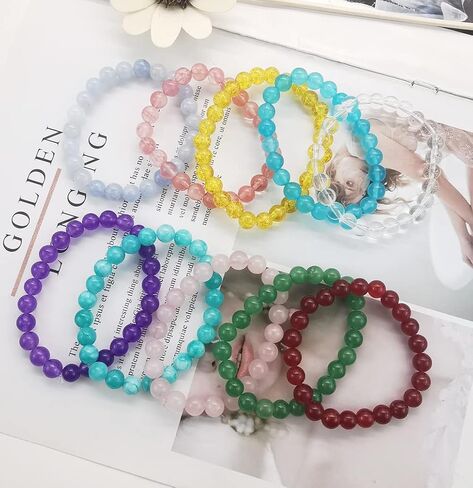 FINZOR 14Pcs 8MM Healing Stone Beaded Bracelets for Women Men Semi-Precious Gemstones Bracelets Crystal Beaded Bracelet Unisex Adjustable Stretch Bracelets in Kuwait