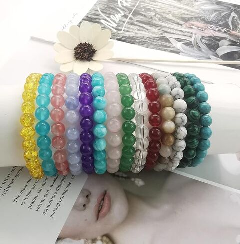 FINZOR 14Pcs 8MM Healing Stone Beaded Bracelets for Women Men Semi-Precious Gemstones Bracelets Crystal Beaded Bracelet Unisex Adjustable Stretch Bracelets in Kuwait