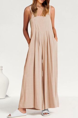 PRETTYGARDEN Women's Bib Overalls Casual Summer Sleeveless Strap Loose Wide Leg Jumpsuits with Pockets in Saudi Arabia