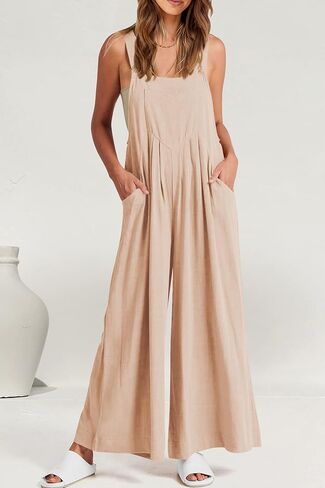PRETTYGARDEN Women's Bib Overalls Casual Summer Sleeveless Strap Loose Wide Leg Jumpsuits with Pockets in Saudi Arabia