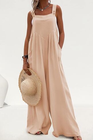 PRETTYGARDEN Women's Bib Overalls Casual Summer Sleeveless Strap Loose Wide Leg Jumpsuits with Pockets in Saudi Arabia