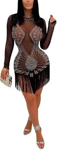 فستان نسائي شبكي شفاف متألق ومثير بأحجار الراين وأكمام طويلة مناسب للحفلات والنوادي الليلية in Kuwait