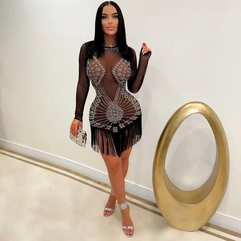 فستان نسائي شبكي شفاف متألق ومثير بأحجار الراين وأكمام طويلة مناسب للحفلات والنوادي الليلية in Kuwait