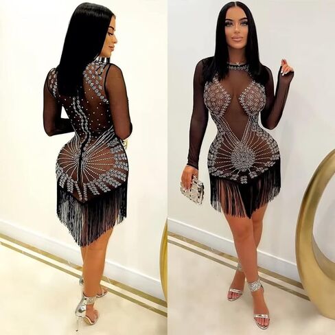 فستان نسائي شبكي شفاف متألق ومثير بأحجار الراين وأكمام طويلة مناسب للحفلات والنوادي الليلية in Kuwait