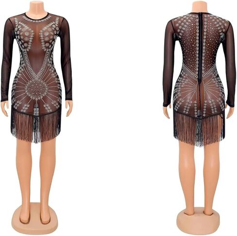 فستان نسائي شبكي شفاف متألق ومثير بأحجار الراين وأكمام طويلة مناسب للحفلات والنوادي الليلية in Kuwait