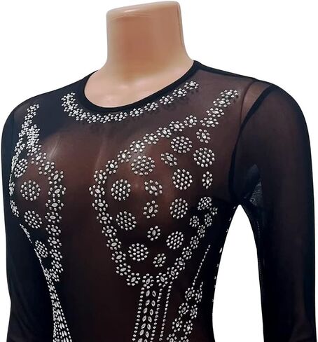 فستان نسائي شبكي شفاف متألق ومثير بأحجار الراين وأكمام طويلة مناسب للحفلات والنوادي الليلية in Kuwait