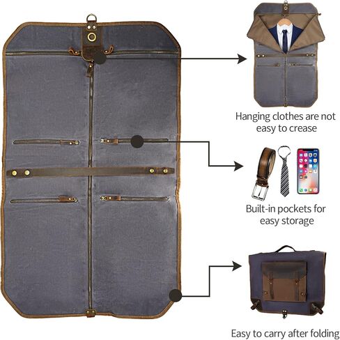 Waxed Canvas Leather Suit Luggage Garment Bag with Shoulder Strap for Work and Business in Kuwait