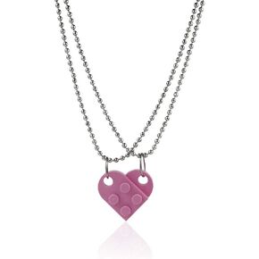 Couples Colorful Brick Heart Pendant Shaped Necklace for Friendship 2 Two Piece Keychain Puzzle Jewelry Set Made with Elements Valentine's Day BFF