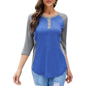 HOCOSIT Womens Raglan 3/4 Sleeve Tops Round Neck Color Block Henley Shirts Ladies Basic Button Blouse