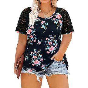 TIYOMI Plus Size Tops for Women Short Sleeve Color Block Raglan Sexy V Neck Shirts Tunic Spring Summer XL-5XL 14W-28W