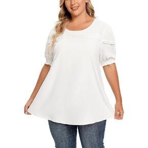 Carrdc Women's Elegant Plus Size Tops Puff Sleeve Pleated Front Flowy Shirt Blouse Tunic