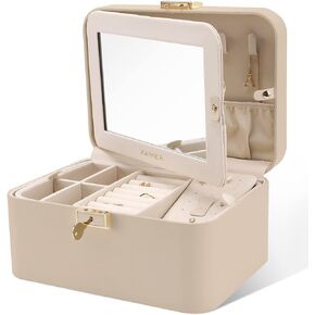 KAMIER Jewelry Holder Organizer, 2 Layers PU Leather Jewelry Box, Large Capacity, Double Lock and Large Mirror, Hidden Necklace Hooks, Removable Dividers, Gift Box Packaging, Black