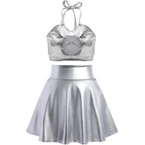Women's 2Piece Metallic Outfit Shiny Off Shoulder Crop Top + Silver Mini Skirt Dress Alien Costume Rave Clubwear