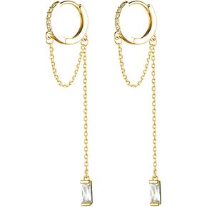 SLUYNZ 925 Sterling Silver CZ Dangle Hoop Earrings For Women Teen Girls CZ Hoop Earrings Dangle Chain