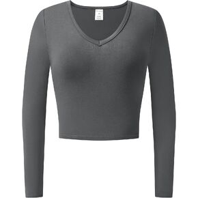 OThread & Co. Women's Long Sleeve V-Neck Crop Top Basic Comfy Stretch Tee